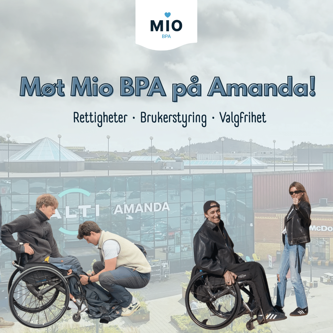 Banner med teksten ‘Møt Mio BPA på Amanda!’ og undertittelen ‘Rettigheter · Brukerstyring · Valgfrihet’. I bakgrunnen vises kjøpesenteret Amanda. Foran sees personer i rullestol sammen med assistenter i ulike situasjoner, samt Mio BPA-logoen øverst.